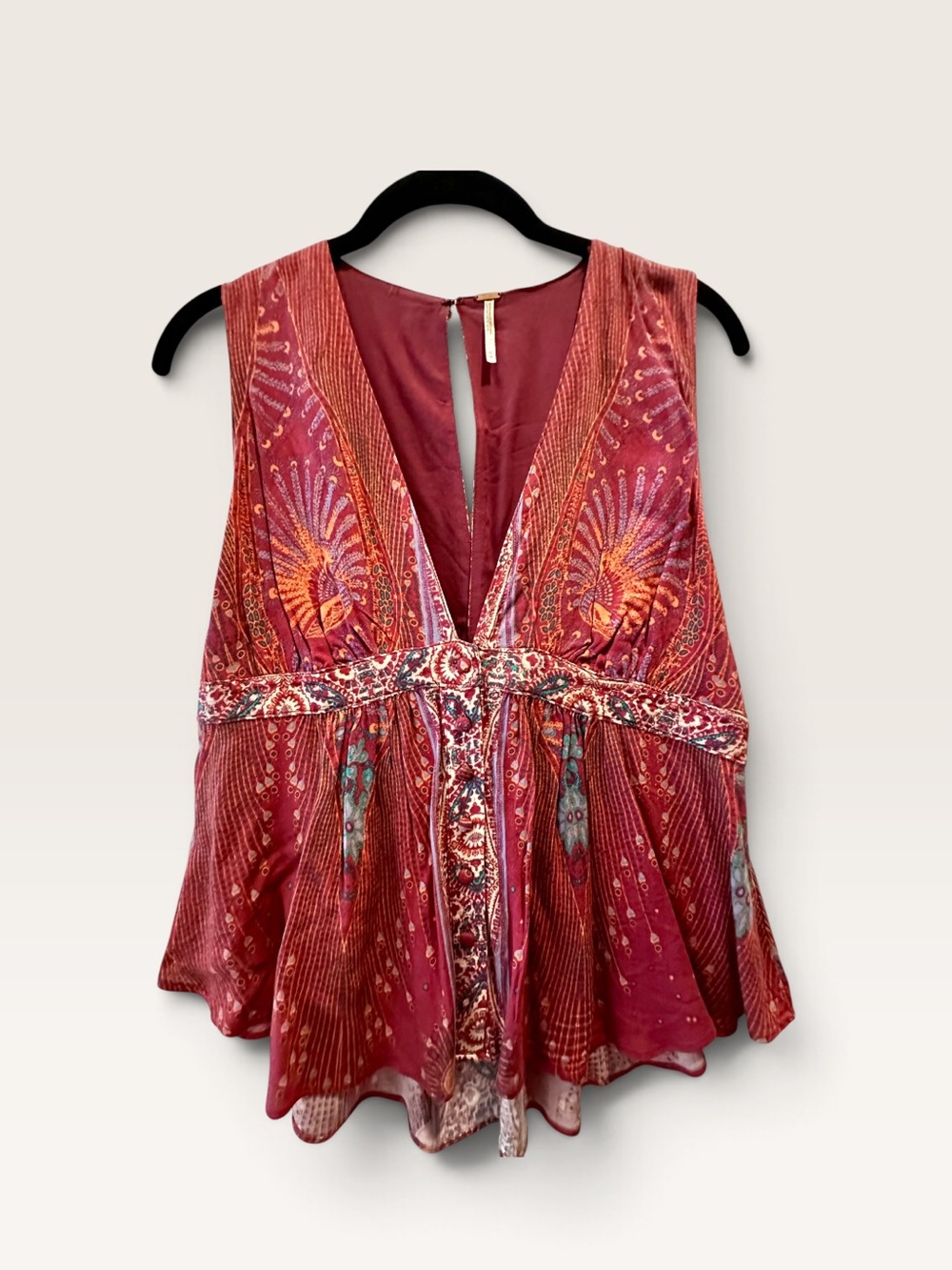 Free People Red Patterned Sleeveless Button Front Top Size M